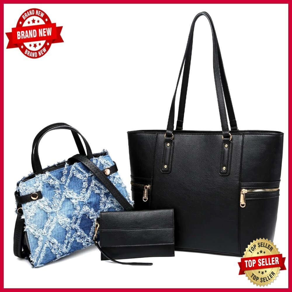 Large Vegan Leather Tote Crossbody Set with Wallet Work Bag 3pc